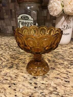 Vintage L.E. Smith Moon and Star Pattern Amber Glass Pedestal Compote Dish
